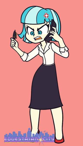 Size: 585x1024 | Tagged: safe, artist:khuzang, derpibooru import, coco pommel, equestria girls, alternate universe, angry, clothes, equestria girls-ified, equestrian city, high heels, pen, phone, shirt, shoes, skirt