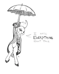 Size: 1255x1560 | Tagged: safe, artist:underwoodart, derpibooru import, tempest shadow, pony, my little pony: the movie, clothes, crossover, emily blunt, mary poppins, mary poppins returns, monochrome, scarf, solo, tempest shadow is not amused, umbrella, unamused, voice actor joke