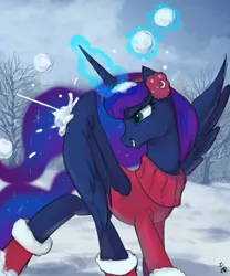 Size: 713x856 | Tagged: safe, artist:ehfa, derpibooru import, princess luna, alicorn, pony, boots, clothes, earmuffs, female, glowing horn, horn, magic, mare, shoes, snow, snowball, snowball fight, solo, sweater, telekinesis, tree, wings