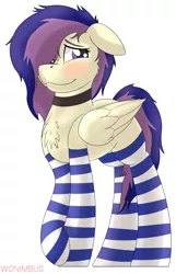 Size: 1800x2800 | Tagged: safe, artist:wcnimbus, derpibooru import, oc, oc:lilith kamaria, unofficial characters only, pegasus, pony, blushing, chest fluff, choker, clothes, female, floppy ears, hair over one eye, mare, messy mane, simple background, socks, solo, stockings, striped socks, thigh highs, white background