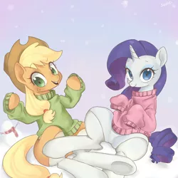 Size: 1352x1352 | Tagged: safe, artist:jus+ice, derpibooru import, applejack, rarity, earth pony, pony, unicorn, clothes, cute, female, jackabetes, lesbian, looking at you, mare, raribetes, rarijack, shipping, smiling, socks, stockings, sweater, thigh highs, traditional art