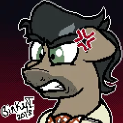 Size: 1037x1038 | Tagged: safe, artist:binkyt11, derpibooru import, doctor caballeron, earth pony, pony, angry, bust, cross-popping veins, gradient background, gritted teeth, male, pixel art, portrait, solo, stallion, stubble