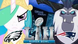 Size: 1920x1080 | Tagged: american football, artist:craftybrony, derpibooru import, my little pony: the movie, new england patriots, nfl, nfl playoffs, obligatory pony, philadelphia eagles, princess celestia, safe, sports, storm king, super bowl, super bowl lii, vector