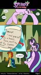 Size: 800x1440 | Tagged: safe, artist:emositecc, artist:titanium-pony, derpibooru import, spike, starlight glimmer, sunburst, dragon, pony, unicorn, comic:spike to the rescue, molt down, clothes, comic, letter, speech bubble, winged spike