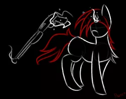 Size: 2941x2293 | Tagged: safe, artist:lacunah, derpibooru import, oc, oc:blackjack, unofficial characters only, pony, unicorn, fallout equestria, fanfic, black background, fanfic art, female, glowing horn, gun, hooves, horn, levitation, magic, mare, minimalist, modern art, shotgun, simple background, solo, telekinesis, weapon