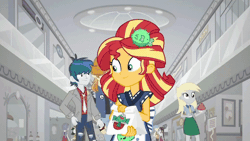 Size: 800x450 | Tagged: safe, derpibooru import, screencap, bright idea, derpy hooves, flash sentry, golden hazel, rose heart, starlight, sunset shimmer, sweet leaf, thunderbass, valhallen, velvet sky, eqg summertime shorts, equestria girls, good vibes, animated, cute, diasentres, female, food, fountain, gif, japanese, male, shipping fuel, sunset sushi, sushi, water