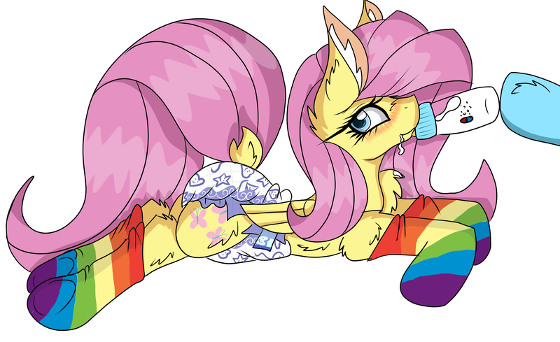 Size: 3000x1832 | Tagged: questionable, artist:cuddlelamb, derpibooru import, fluttershy, rainbow dash, pony, abdl, adult foal, baby bottle, blushing, clothes, cute, diaper, diaper fetish, dock, fetish, messy drinking, pills, poofy diaper, rainbow socks, shyabetes, simple background, socks, striped socks