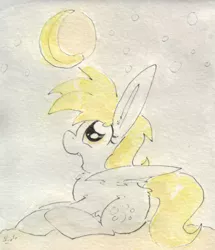 Size: 688x800 | Tagged: safe, artist:slightlyshade, derpibooru import, derpy hooves, pegasus, pony, banana, crescent moon, female, food, full moon, looking up, mare, moon, night, night sky, open mouth, prone, sky, solo, starry night, traditional art, watercolor painting