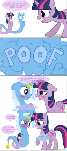 Size: 1288x2898 | Tagged: safe, artist:ask-the-resized-ponies, derpibooru import, trixie, twilight sparkle, twilight sparkle (alicorn), alicorn, genie, pony, asktwixiegenies, comic, female, jealous, lesbian, shipping, twixie, twolight