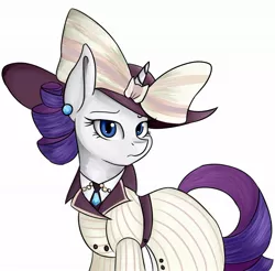 Size: 1800x1771 | Tagged: safe, artist:romablueberry, derpibooru import, rarity, pony, unicorn, ppov, clothes, costume, ear piercing, earring, female, hat, horn bow, jewelry, mare, piercing, raristocrat, rose dewitt bukater, simple background, solo, titanic, white background