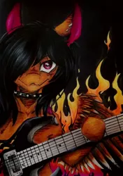 Size: 1024x1456 | Tagged: safe, artist:scootiegp, derpibooru import, oc, unofficial characters only, pegasus, pony, black background, bust, choker, collar, ear piercing, earring, electric guitar, fire, guitar, jewelry, looking at you, male, metal as fuck, necklace, piercing, playing, portrait, signature, simple background, smiling, solo, stallion, string, traditional art