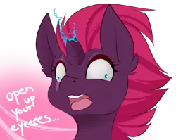 Size: 802x637 | Tagged: safe, artist:teranen, derpibooru import, fizzlepop berrytwist, tempest shadow, pony, unicorn, my little pony: the movie, broken horn, bust, colored pupils, derp, dialogue, eye scar, female, image, insanity, open mouth, open up your *very* eyes, open up your eyes, png, scar, simple background, solo, sparking horn, transparent background, wall eyed