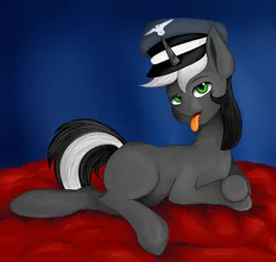 Size: 2283x2160 | Tagged: suggestive, artist:romablueberry, derpibooru import, oc, unofficial characters only, pony, unicorn, bedroom eyes, blank flank, nazi, nazi hat, open mouth, solo, sultry pose, tongue out