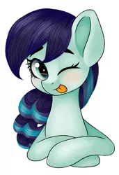 Size: 1474x2160 | Tagged: safe, artist:romablueberry, derpibooru import, coloratura, earth pony, pony, :p, bust, crossed hooves, cute, female, mare, one eye closed, rara, rarabetes, simple background, solo, tongue out, white background, wink
