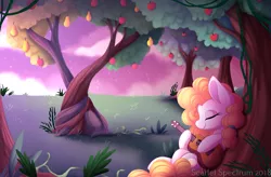 Size: 1024x671 | Tagged: safe, artist:scarlet-spectrum, derpibooru import, pear butter, earth pony, pony, the perfect pear, acoustic guitar, apple, apple tree, cloud, eyes closed, female, food, guitar, intertwined trees, mare, night, pear, pear tree, smiling, solo, stars, tree