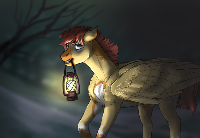 Size: 1130x782 | Tagged: safe, artist:marinavermilion, derpibooru import, oc, oc:sunstrider, unofficial characters only, pegasus, pony, forest, lamp, lantern, male, night, snow, solo, stallion, winter