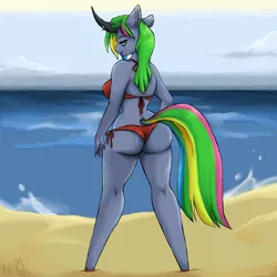 Size: 1800x1800 | Tagged: suggestive, artist:bunnycat, derpibooru import, oc, oc:becky, unofficial characters only, anthro, unguligrade anthro, unicorn, beach, bikini, breasts, clothes, commission, ear piercing, female, flip-flops, horn piercing, looking at you, looking back, looking back at you, mare, multicolored hair, ocean, piercing, sand, sandals, solo, solo female, swimsuit