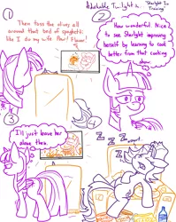 Size: 4779x6013 | Tagged: safe, artist:adorkabletwilightandfriends, derpibooru import, starlight glimmer, twilight sparkle, twilight sparkle (alicorn), oc, oc:tony, alicorn, pony, unicorn, comic:adorkable twilight and friends, absurd resolution, adorkable twilight, chair, comic, cooking, couch, food, humor, implied abuse, junk food, lazy, lineart, nostril flare, nostrils, pasta, pleased, plot, sleeping, slice of life, slob, snacks, spaghetti, z, zzz