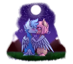 Size: 2894x2519 | Tagged: safe, artist:honeybbear, derpibooru import, oc, unofficial characters only, pegasus, pony, clothes, female, high res, kissing, male, mare, moon, night, oc x oc, shipping, simple background, sitting, stallion, straight, tail feathers, transparent background, uniform, wonderbolt trainee uniform