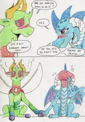 Size: 750x1076 | Tagged: safe, artist:kuroneko, derpibooru import, princess ember, thorax, changedling, changeling, dragon, :o, bait and switch, blushing, blushing profusely, changeling king, colored pencil drawing, dragoness, ear blush, embarrassed, embrax, eye contact, female, floppy ears, grin, holding hands, holding hooves, interspecies, king thorax, lewd, lidded eyes, looking at each other, male, open mouth, please be gentle, red face, shipping, simple background, sitting, smiling, speech bubble, spread wings, steam, straight, text, traditional art, white background, wingboner, wings