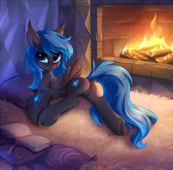 Size: 1400x1370 | Tagged: suggestive, alternate version, artist:tomatocoup, derpibooru import, oc, oc:midnight light, unofficial characters only, pegasus, pony, book, colored pupils, cushion, cute, dock, dock piercing, ear fluff, explicit source, featureless crotch, female, fireplace, jewelry, lying, mare, pendant, piercing, plot, rug, solo, solo female, spread legs, spreading, underhoof