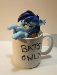 Size: 1024x1365 | Tagged: safe, artist:earthenpony, derpibooru import, oc, oc:blue bat, unofficial characters only, bat pony, pony, coffee, coffee cup, coffee mug, cup, cup of pony, irl, micro, mug, photo, sculpture, solo, traditional art