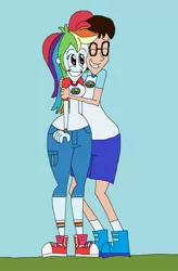 Size: 1529x2329 | Tagged: safe, artist:hunterxcolleen, derpibooru import, rainbow dash, oc, oc:stewart gary, equestria girls, legend of everfree, 1000 hours in ms paint, camp everfree outfits, camping outfit, creepy, duo, female, hug, male, pairings, self insert, smiling, squeezing, straight, wat, why