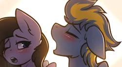 Size: 2172x1188 | Tagged: suggestive, artist:whitepone, derpibooru import, oc, oc:bolterdash, oc:starless night, unofficial characters only, pegasus, pony, :o, blushing, cheek fluff, cropped, ear fluff, eyes closed, female, floppy ears, implied cuckolding, implied sex, lidded eyes, looking back, male, mare, moaning, open mouth, simple background, stallion, sweat, white background