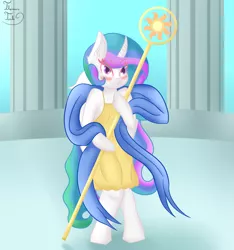 Size: 1725x1840 | Tagged: safe, artist:thomas tesla, deleted from derpibooru, derpibooru import, princess celestia, alicorn, pony, alternate universe, bipedal, clothes, dress, female, holy, mare, priestess, priestess celestia, signature, solo, staff, young, younger