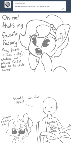 Size: 1650x3300 | Tagged: safe, artist:tjpones, derpibooru import, oc, oc:brownie bun, oc:richard, unofficial characters only, earth pony, human, pony, horse wife, acting, ask, bipedal, bust, comic, counting money, dialogue, duo, ear fluff, female, grayscale, hoof hold, male, mare, money, monochrome, shocked, simple background, sitting, sponsored content, sunglasses, tumblr, white background