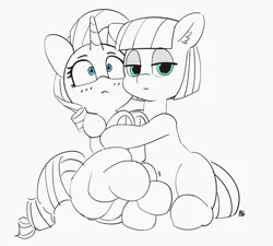 Size: 1280x1153 | Tagged: safe, artist:pabbley, derpibooru import, maud pie, rarity, earth pony, pony, unicorn, 30 minute art challenge, female, hug, lesbian, looking at you, mare, partial color, rarimaud, shipping