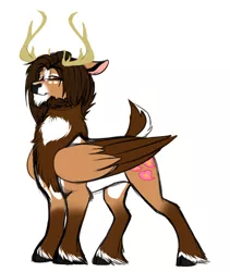 Size: 1182x1398 | Tagged: safe, artist:theecchiqueen, deleted from derpibooru, derpibooru import, oc, oc:ecchi hearts, unofficial characters only, deer, deer pony, hybrid, original species, pegasus, peryton, pony, antlers, beard, chest fluff, facial hair, floppy ears, lidded eyes, male, ponysona, simple background, smiling, solo, stallion, unshorn fetlocks