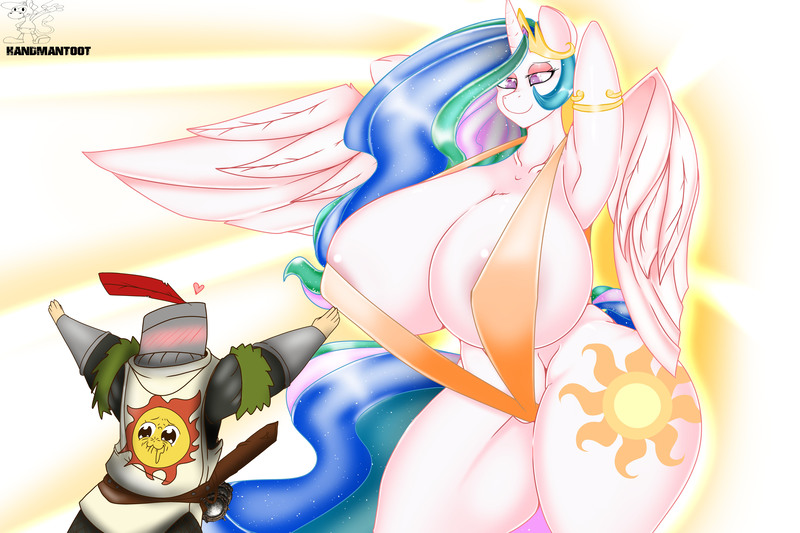 Size: 6000x4000 | Tagged: absolute cleavage, absurd resolution, alicorn, anthro, armpits, artist:handmantoot, big breasts, bikini, breasts, busty princess celestia, cleavage, clothes, dark souls, derpibooru import, fantasy class, female, huge breasts, human, impossibly large breasts, knight, lidded eyes, mare, pop team epic, praise the sun, princess celestia, questionable, sling bikini, smiling, solaire of astora, swimsuit, warrior