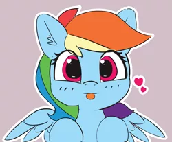 Size: 2333x1933 | Tagged: safe, artist:pabbley, derpibooru import, rainbow dash, pegasus, pony, :p, cute, dashabetes, female, floating heart, heart, heart eyes, looking at you, mare, multicolored hair, silly, silly pony, simple background, solo, spread wings, tongue out, wingding eyes, wings