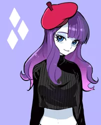 Size: 650x800 | Tagged: safe, artist:quizia, derpibooru import, rarity, equestria girls, beatnik rarity, belly button, beret, clothes, cutie mark background, female, hat, looking at you, midriff, simple background, smiling, solo, sweater