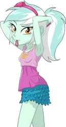 Size: 4300x8298 | Tagged: safe, artist:hunterz263, artist:ta-na, derpibooru import, lyra heartstrings, equestria girls, .svg available, absurd resolution, alternate hairstyle, arm behind head, armpits, clothes, dress, female, hair tie, looking at you, mouth hold, necklace, ponytail, simple background, skirt, solo, speedpaint available, transparent background, vector