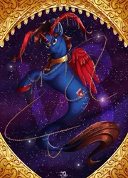 Size: 759x1053 | Tagged: safe, artist:xaneas, derpibooru import, oc, oc:crimson crown, unofficial characters only, alicorn, pony, alicorn oc, capricorn, chains, fish tail, gold, horns, jewelry, male, solo, space, unshorn fetlocks, wings, zodiac