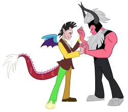 Size: 2169x1906 | Tagged: artist:trinityinyang, derpibooru import, discord, gay, holding hands, horned humanization, human, humanized, lord tirek, male, misleading thumbnail, safe, shipping, simple background, tailed humanization, tirekcord, transparent background, winged humanization, wings