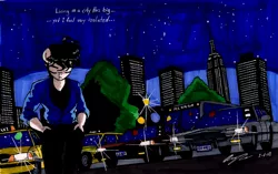 Size: 2055x1292 | Tagged: anthro, artist:newyorkx3, bus, car, derpibooru import, new york city, night, oc, oc:tommy, safe, taxi, traditional art, unofficial characters only