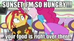 Size: 3649x2048 | Tagged: safe, derpibooru import, edit, edited screencap, screencap, pinkie pie, sunset shimmer, equestria girls, mirror magic, spoiler:eqg specials, cropped, emotional, hungry, image macro, journal, meme, oblivious, overreacting, unaware