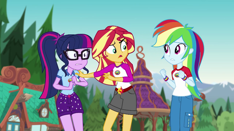 Size: 1280x720 | Tagged: safe, derpibooru import, screencap, rainbow dash, sci-twi, sunset shimmer, twilight sparkle, equestria girls, legend of everfree, building, camp everfree outfits, clothes, gazebo, glasses, open mouth, protecting, scenery, shorts, wristband