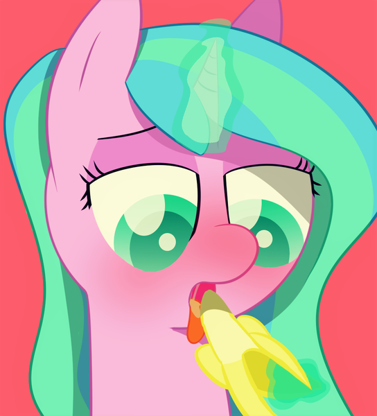 Size: 971x1071 | Tagged: suggestive, artist:ether-star, derpibooru import, oc, unofficial characters only, pony, unicorn, banana, bananajob, blushing, female, food, implied blowjob, implied oral, implied sex, mare, simple background, solo, suggestive eating