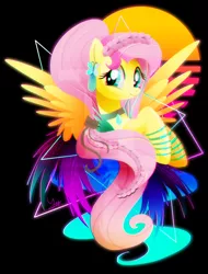 Size: 600x789 | Tagged: safe, artist:ii-art, derpibooru import, fluttershy, pegasus, pony, alternate hairstyle, bust, color porn, cute, eyestrain warning, female, jewelry, looking at you, mare, necklace, neon, portrait, shyabetes, smiling, solo, spread wings, synthwave, vaporwave, watermark, wings