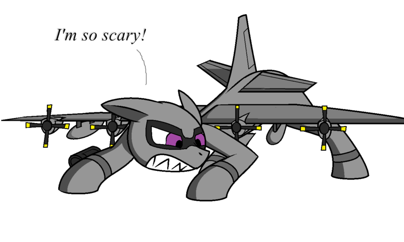 Size: 1360x816 | Tagged: safe, artist:pencil bolt, derpibooru import, oc, oc:explosive angel, unofficial characters only, original species, plane pony, pony, ac-130, angry, plane, purple eyes