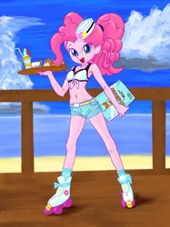 Size: 774x1033 | Tagged: safe, artist:xjleiu, derpibooru import, pinkie pie, coinky-dink world, eqg summertime shorts, equestria girls, adorasexy, armpits, belly button, bikini, bikini top, breasts, burger, clothes, cup, cute, diapinkes, drink, female, food, french fries, front knot midriff, hamburger, midriff, ocean, open mouth, pixiv, ponytail, roller skates, server pinkie pie, serving tray, sexy, shorts, socks, solo, swimsuit, teacup, tray, waitress