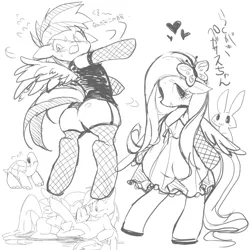 Size: 800x800 | Tagged: suggestive, artist:oniku, derpibooru import, angel bunny, fluttershy, rainbow dash, tank, clothes, explicit source, female, females only, fishnets, flutterdash, heart, japanese, lesbian, monochrome, rainbow dash always dresses in style, shipping, stockings, thigh highs