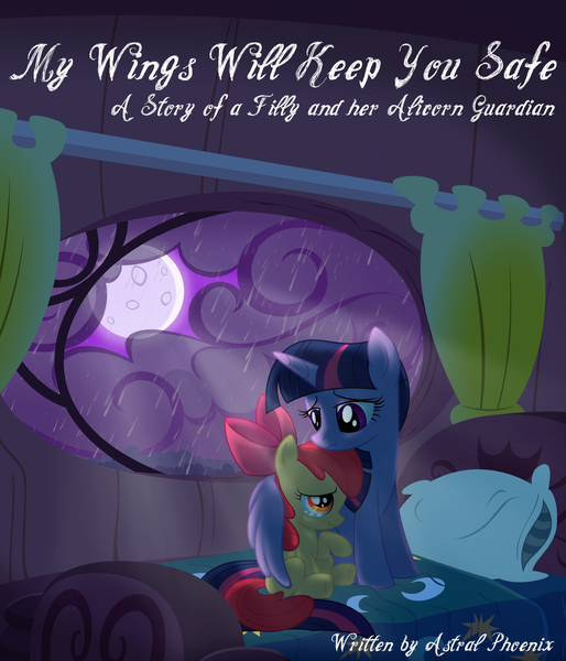 Size: 2055x2399 | Tagged: safe, artist:cayfie, derpibooru import, apple bloom, twilight sparkle, twilight sparkle (alicorn), alicorn, earth pony, pony, fanfic, fanfic:my wings will keep you safe, bed, cover art, duo, female, filly, golden oaks library, hug, mare, moon, night, rain, scared, sitting, storm, winghug