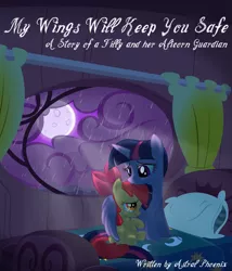 Size: 2055x2399 | Tagged: safe, artist:cayfie, derpibooru import, apple bloom, twilight sparkle, twilight sparkle (alicorn), alicorn, earth pony, pony, fanfic, fanfic:my wings will keep you safe, bed, cover art, duo, female, filly, golden oaks library, hug, mare, moon, night, rain, scared, sitting, storm, winghug