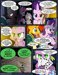 Size: 1275x1650 | Tagged: safe, artist:dsana, derpibooru import, spike, starlight glimmer, sunburst, twilight sparkle, dragon, pony, comic:the shadow shard, 10 of spades, ace of spades, angry, baby, baby dragon, book, card, comic, dialogue, female, filly, filly twilight sparkle, floppy ears, gem, glasses, jack of spades, king of spades, poker, queen of spades, royal flush, speech bubble, younger