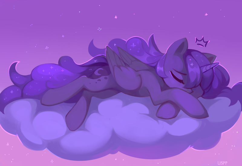 Size: 3200x2205 | Tagged: safe, artist:lispp, derpibooru import, princess luna, alicorn, pony, cloud, crown, cute, eyes closed, female, high res, jewelry, lunabetes, mare, night, on a cloud, prone, regalia, sky, sleeping, solo